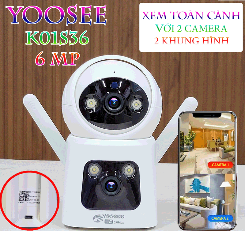 CAMERA YOOSEE K01S36 , 6MP - 2 CAMERA 2 KHUNG HÌNH 2 ANTEN , CÓ FLASH , GÓC RỘNG , CỰC NÉT